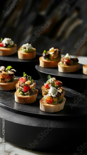 Assorted bruschetta with fresh toppings like avocado, tomatoes, mushrooms, and cheese, arranged on matte podiums. Ideal for restaurant menus, food styling, catering promotions, and high-end culinary