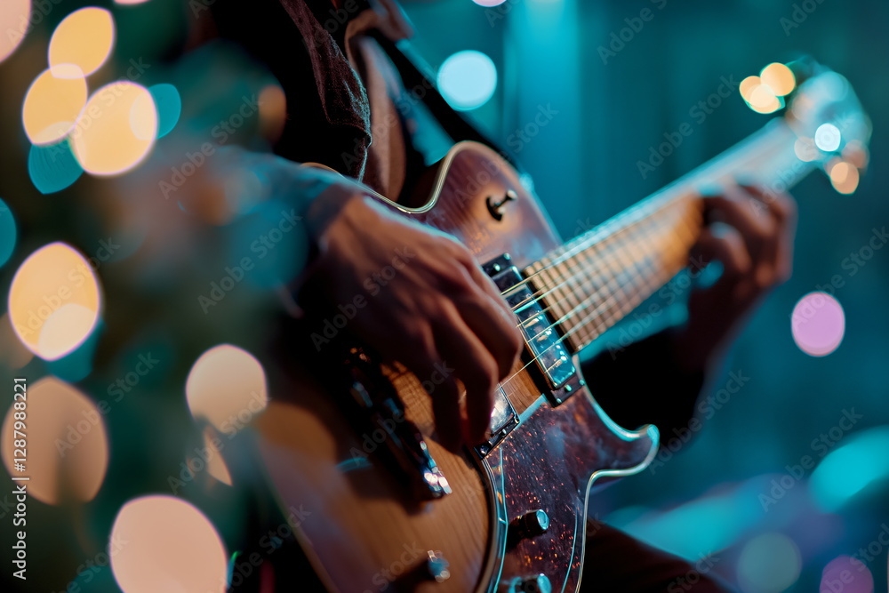 Obraz premium Guitarist playing the electric guitar on a bokeh background