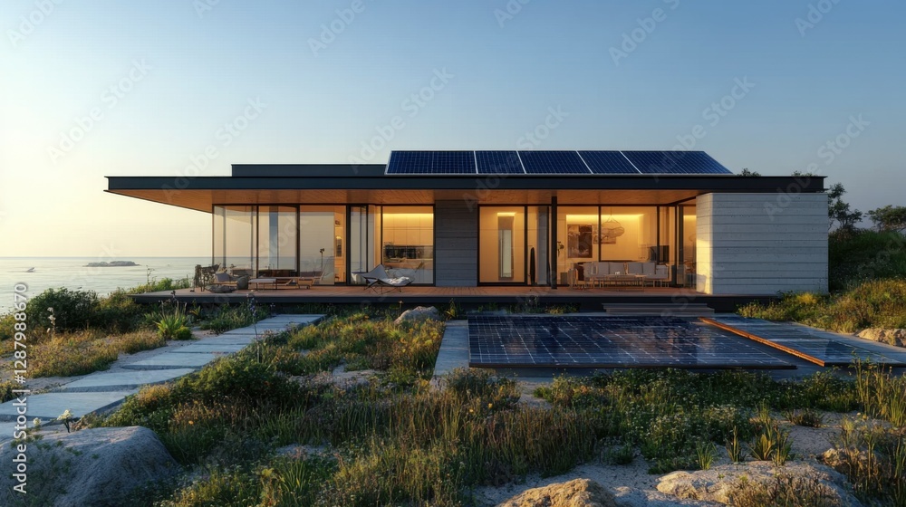 Smart home uses solar cells, solar roof creates clean energy. Modern Coastal House with Solar Panels at Sunset Smart home uses solar cells, solar roof creates clean energy. Modern Coastal House with Solar Panels at Sunset