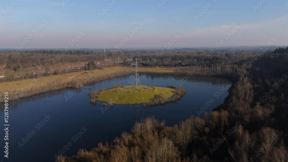 Aerial View of Stone Island in Maarn, Netherlands, with Power Pylon Aerial View of Stone Island in Maarn, Netherlands, with Power Pylon