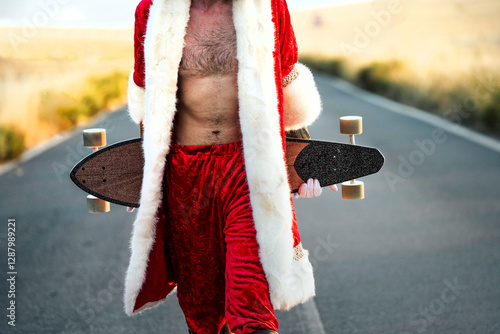 Mid section of Santa Claus holding a longboard on country road