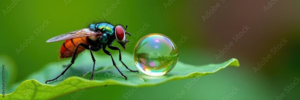 Naklejka premium A colorful fly perches on a leaf next to a bubble resting on a stem, flower, bubbles