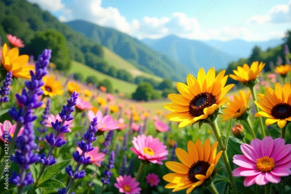 Obraz premium A colorful mix of flowers in a hillside garden, blooming, lavender, sunflowers
