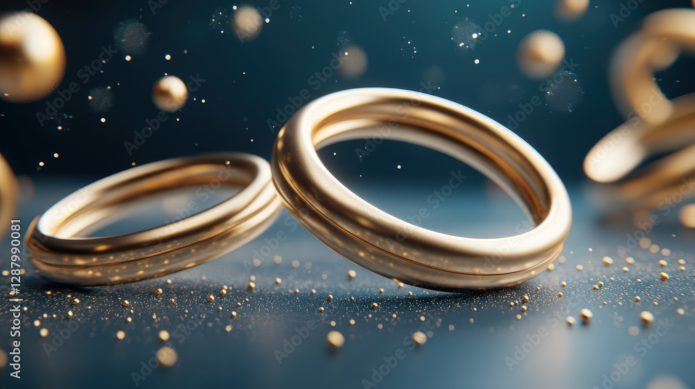 Elegant gold rings surrounded by shimmering particles and soft light Elegant gold rings surrounded by shimmering particles and soft light