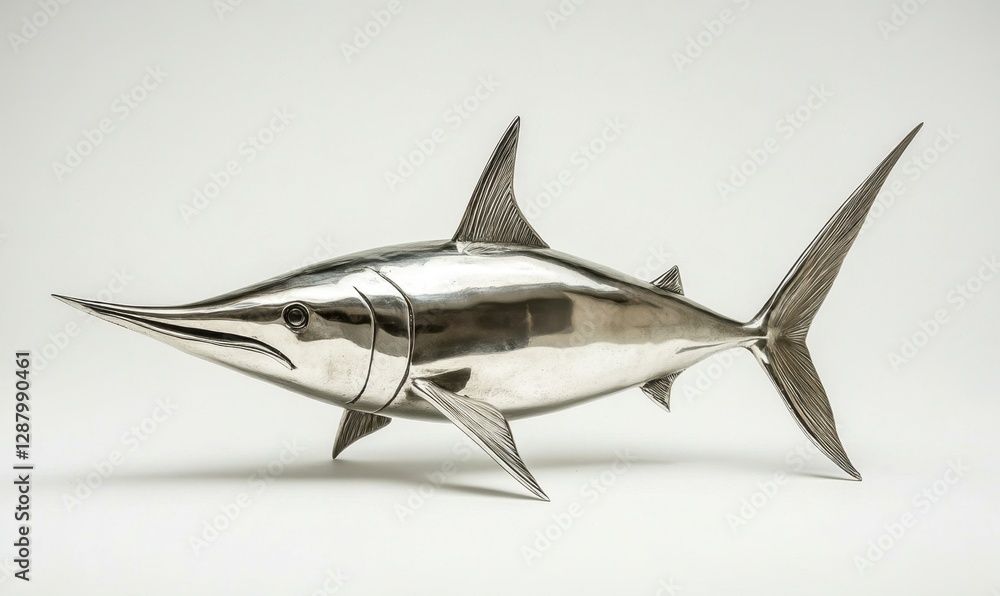 Fototapeta premium Metal swordfish sculpture on white background, ideal for marine decor