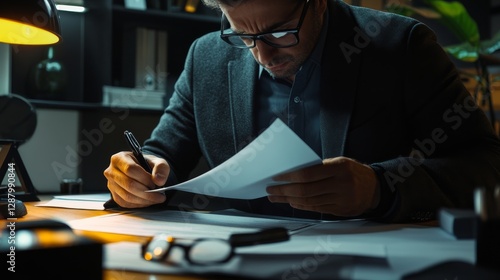 A criminal investigator preparing a search warrant in an office. Featuring legal procedure and evidence preparation