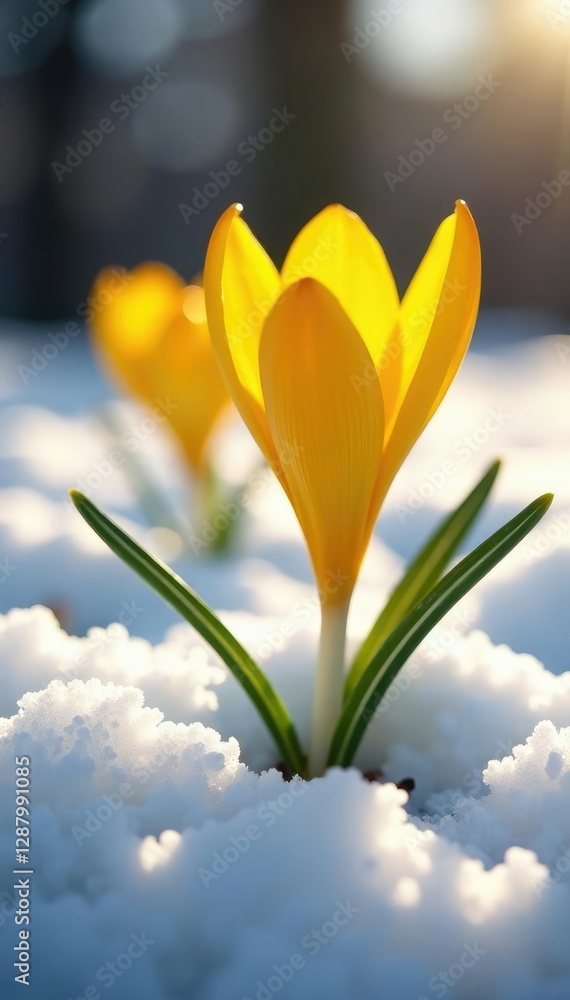 Fototapeta premium Delicate yellow petals unfurl from snowy ground, crocus, sunlight