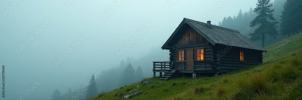 Dense fog wraps around the cabin's wooden exterior, slope, greenery, rustic Dense fog wraps around the cabin's wooden exterior, slope, greenery, rustic