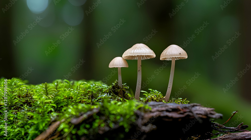 Three Small Light Brown Mushrooms Growing on Vibrant Green Moss in a Dark Forest Three Small Light Brown Mushrooms Growing on Vibrant Green Moss in a Dark Forest