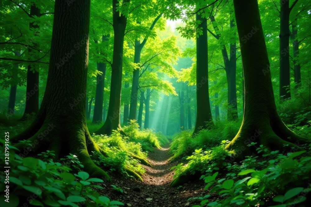 Fototapeta premium Dense foliage in a forest of trees with thick green netting, forest, natural, leafy