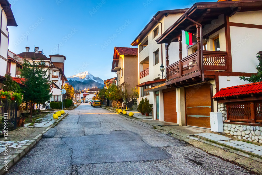 Bansko, Bulgaria autumn street and mountain view Bansko, Bulgaria autumn street and mountain view