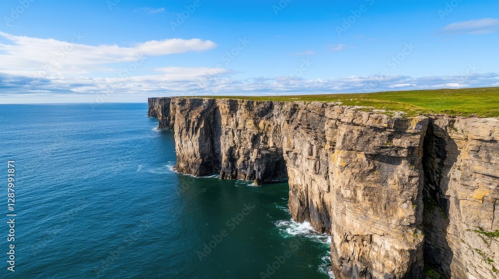 Weathering process concept. Stunning cliffs overlooking a serene ocean under a clear blue sky. Weathering process concept. Stunning cliffs overlooking a serene ocean under a clear blue sky.