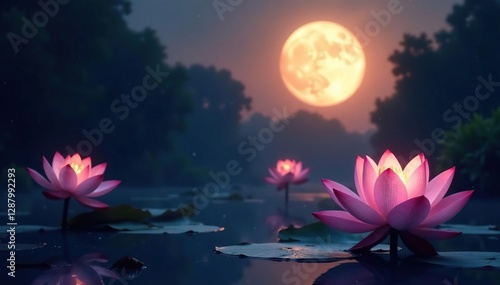 Lotus flowers sway gently in the moon's soft light, moonlight, purring photo