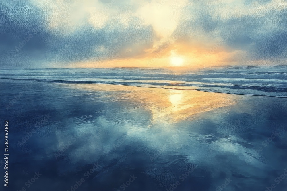 Obraz premium Digital painting of a serene beach at dawn, with soft light reflecting off the water's surface, Generative AI