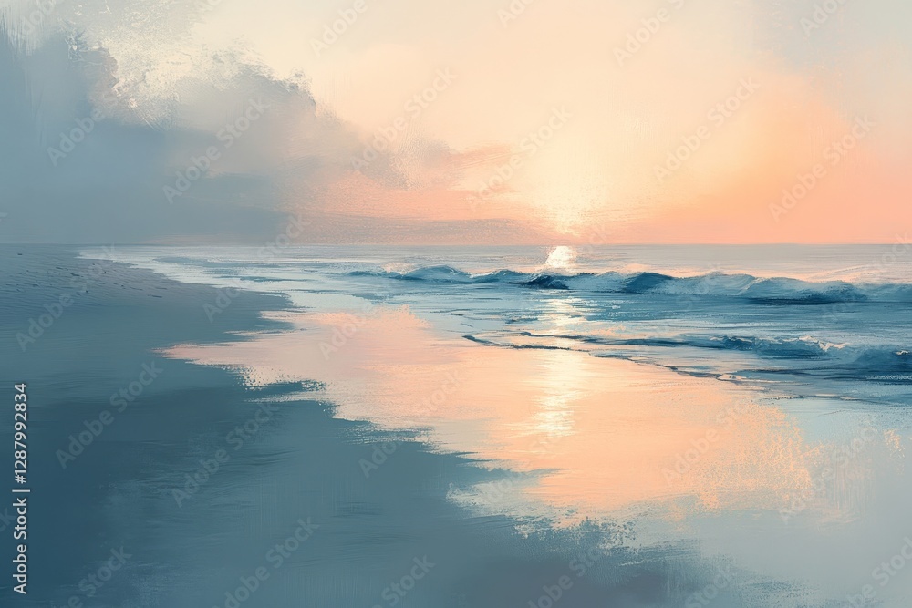 Digital painting of a serene beach at dawn, with soft light reflecting off the water's surface, Generative AI