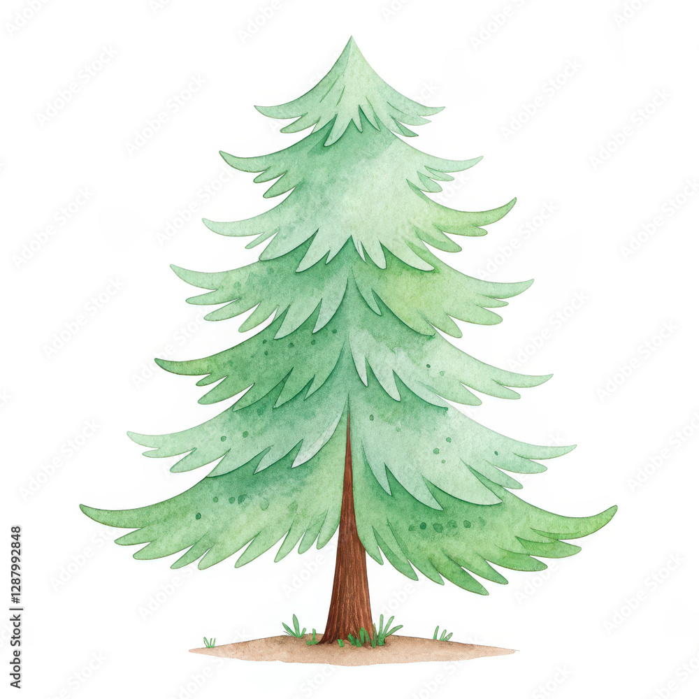 Fototapeta premium A beautiful watercolor illustration of a green coniferous tree with layered, textured foliage and a sturdy brown trunk.