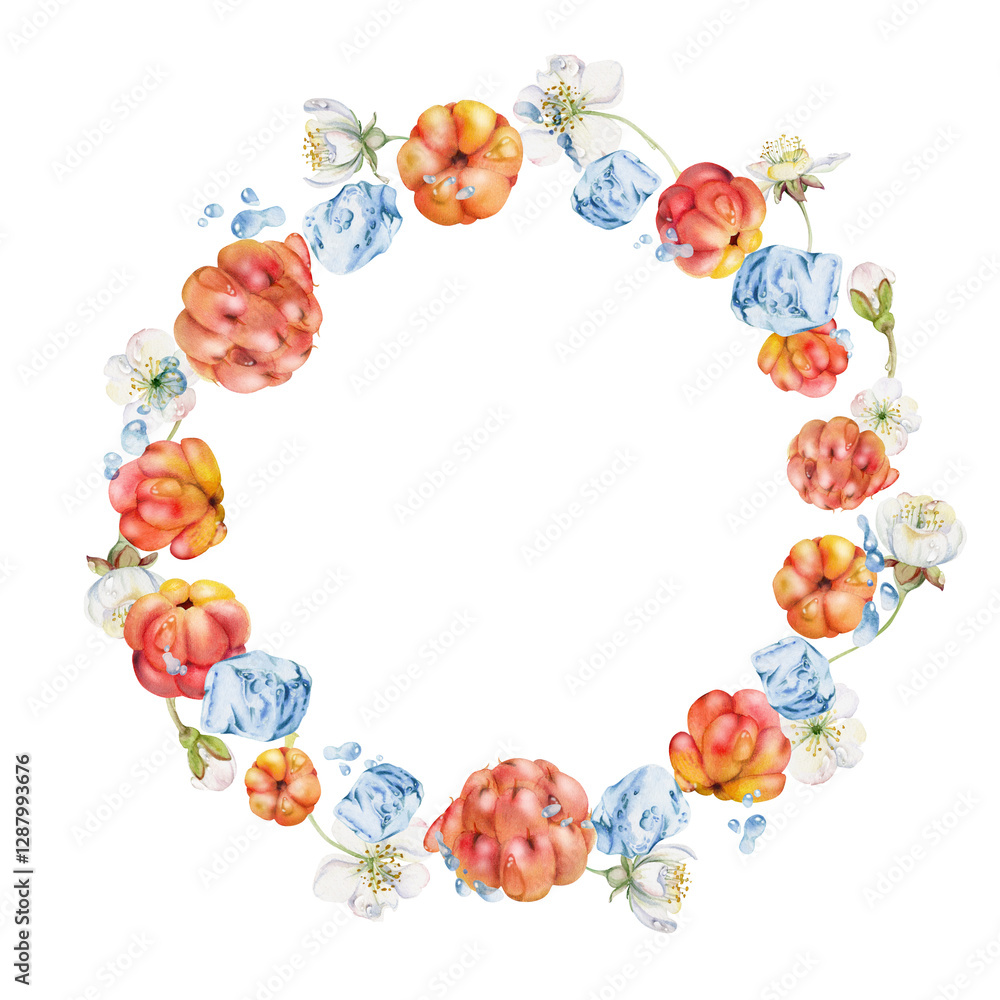 Cloudberry raspberry flying in water splashes drops, hand drawn in watercolor, red forest berry, white flowers leaves. Circle wreath frame illustration. Restaurant cafe menu, farmers market, juice bar Cloudberry raspberry flying in water splashes drops, hand drawn in watercolor, red forest berry, white flowers leaves. Circle wreath frame illustration. Restaurant cafe menu, farmers market, juice bar