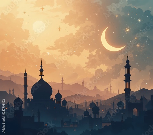 Ramadan Kareem greeting photo with serene mosque background