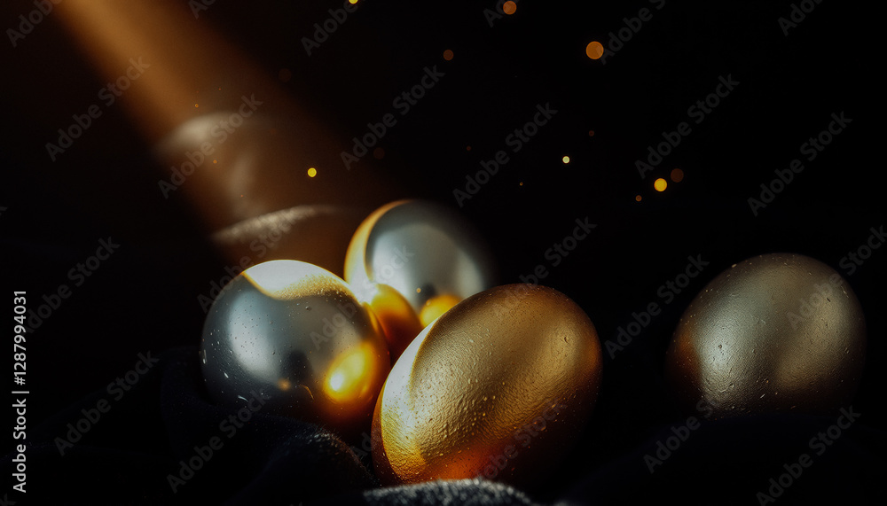 Naklejka premium Shiny golden and silver Easter eggs placed on dark velvet fabric, illuminated by soft glowing light with bokeh effects.