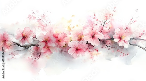 Fototapeta Naklejka Na Ścianę i Meble -  A delicate watercolor illustration of pink cherry blossoms on a branch.