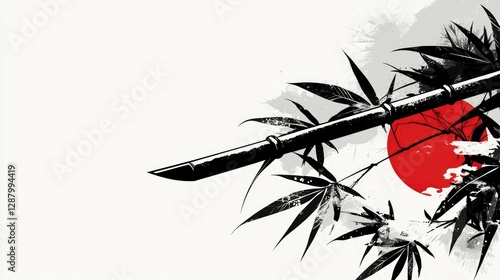 Japanese Bamboo Branch with Rising Sun Abstract Art
