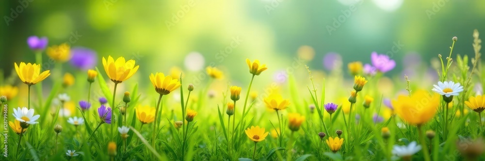 Fototapeta premium Meadow with yellow and purple flowers swaying gently in the breeze, nature, wildflowers, green grass