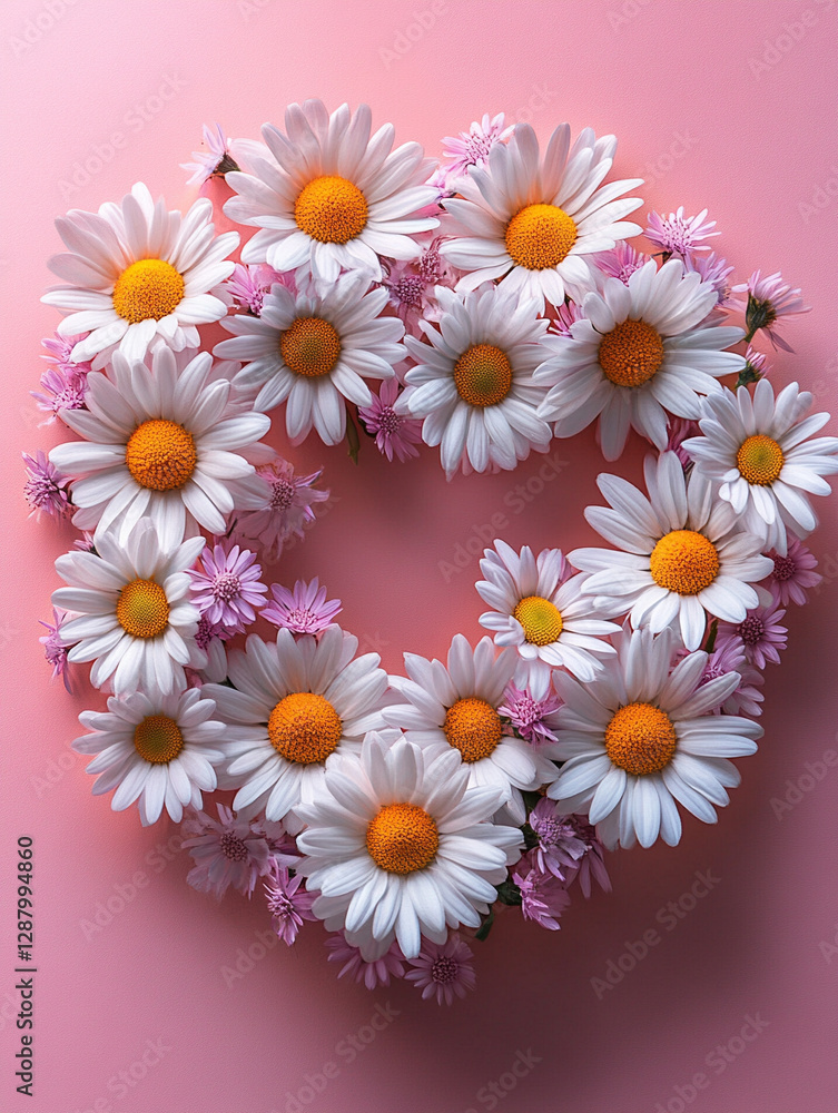 Fototapeta premium Heart-shaped floral arrangement on a pink background