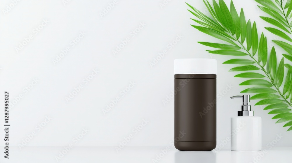 Dark brown bottle and white soap dispenser on a white background with green palm leaves. Clean, minimalist aesthetic. Dark brown bottle and white soap dispenser on a white background with green palm leaves. Clean, minimalist aesthetic.