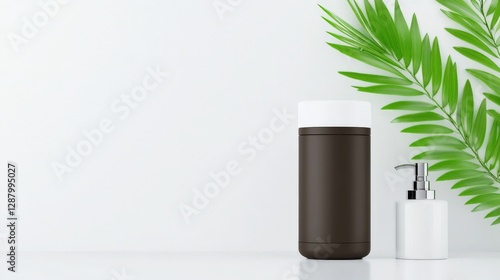 Wallpaper Mural Dark brown bottle and white soap dispenser on a white background with green palm leaves. Clean, minimalist aesthetic. Torontodigital.ca