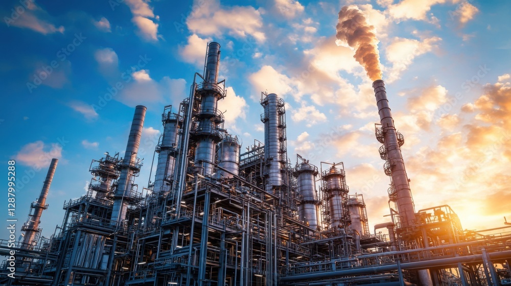 Industrial Refinery Complex at Sunset Oil and Gas Processing Plant