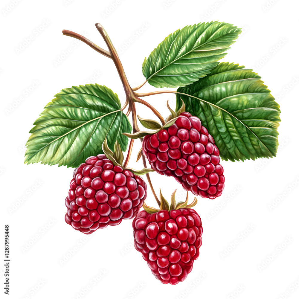 Ripe red raspberries growing on branch with green leaves Ripe red raspberries growing on branch with green leaves