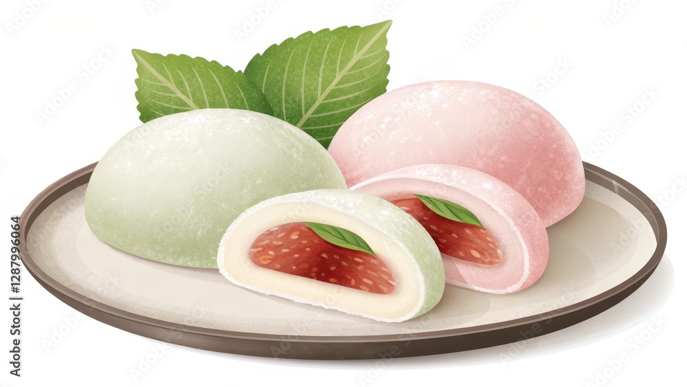 Three colorful mochi desserts on a plate, featuring green, pink, and white varieties, with a backdrop of fresh mint leaves. Three colorful mochi desserts on a plate, featuring green, pink, and white varieties, with a backdrop of fresh mint leaves.