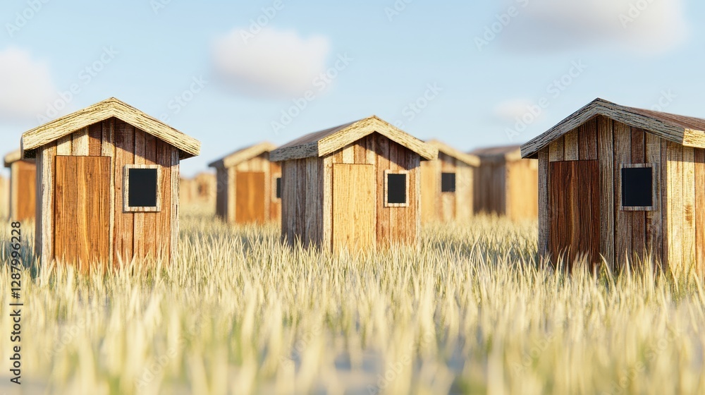 Wooden cabins stand in a grassy field under a bright sky Wooden cabins stand in a grassy field under a bright sky