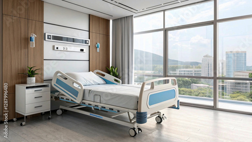 3d Patient Bed icon. Medical healthcare concept. Modern hospital featuring a bedroom. Minimal patient bed hospital medicals interior cartoon icon creative isolated white background.table, comfort, com