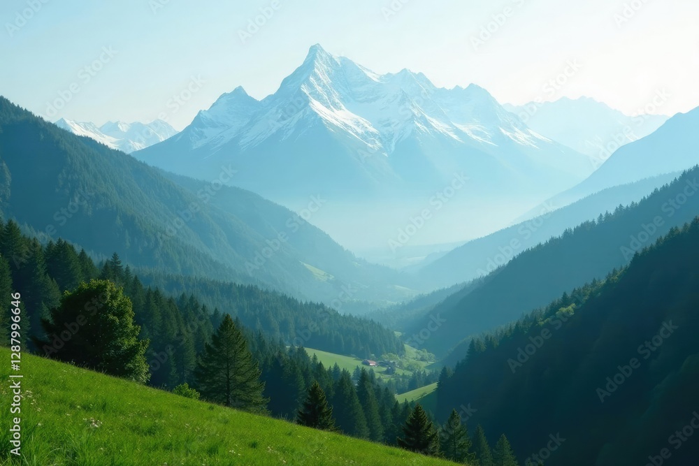 Obraz premium Rolling hills of green forest surrounding snow-capped mountain peaks covered in mist and fog, landscape, wilderness