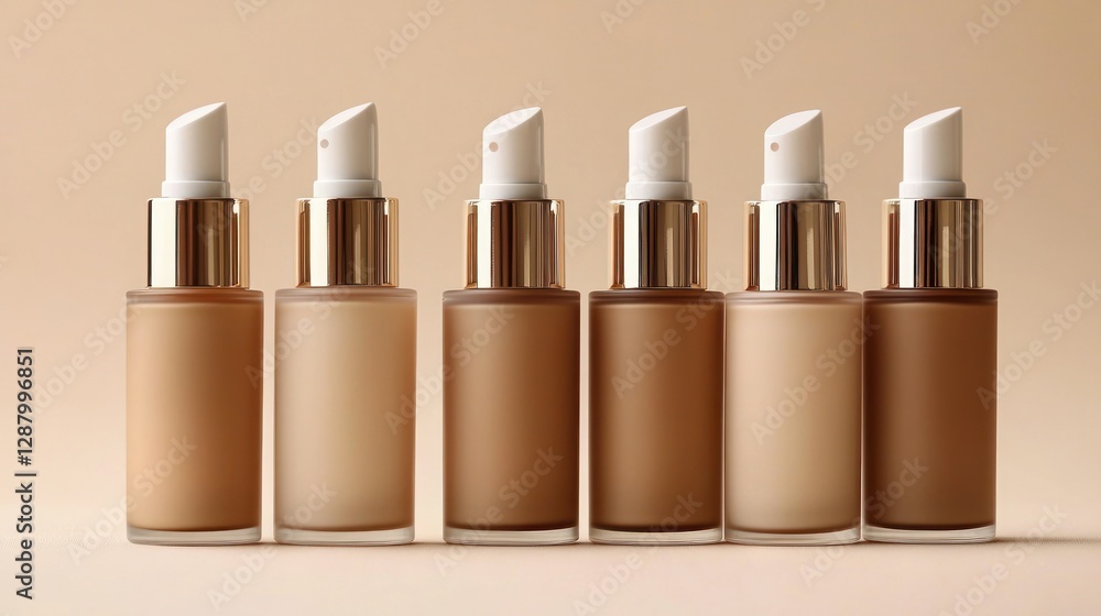 Six foundation shades, studio shot, beige background, beauty product Six foundation shades, studio shot, beige background, beauty product