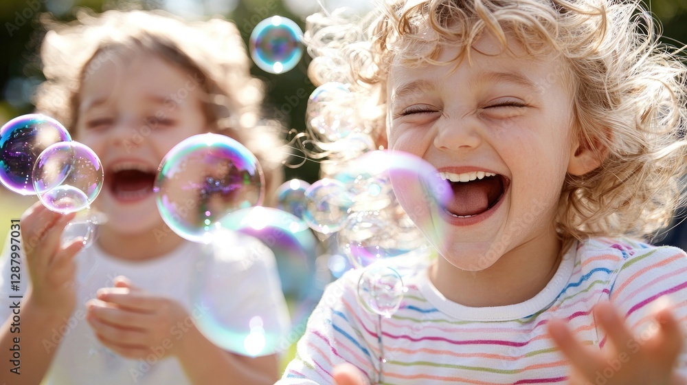 Kids Playing with Bubbles in a Park. Possible Use Stock photo for children's happiness and joy Kids Playing with Bubbles in a Park. Possible Use Stock photo for children's happiness and joy