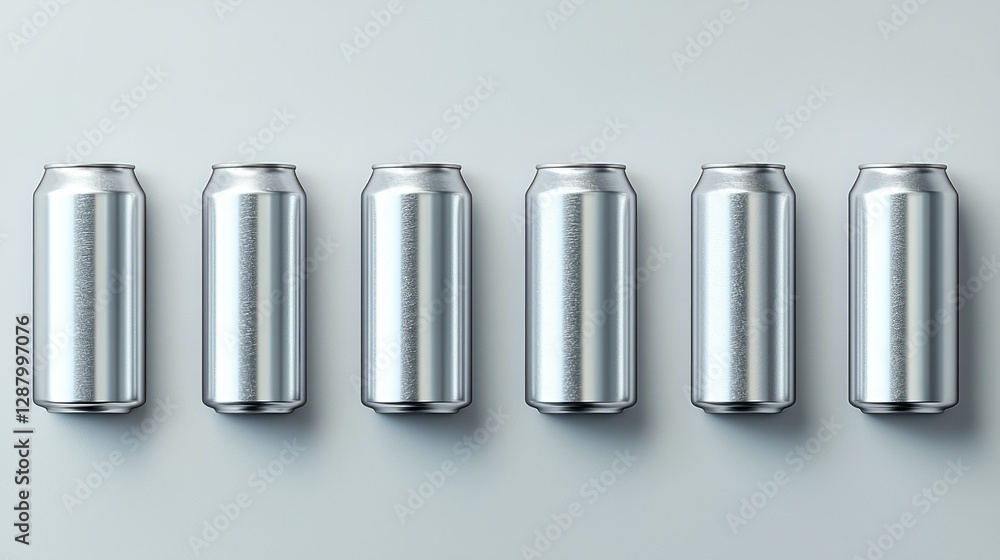 Six Silver Cans Studio Shot, Mockup, Background Six Silver Cans Studio Shot, Mockup, Background