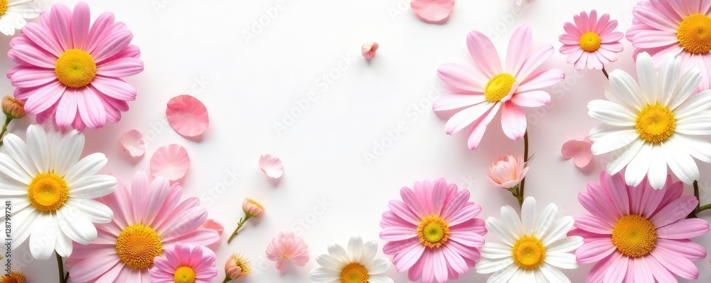 Soft petal daisies in pastel shades are scattered on a white background, botanical, whimsical