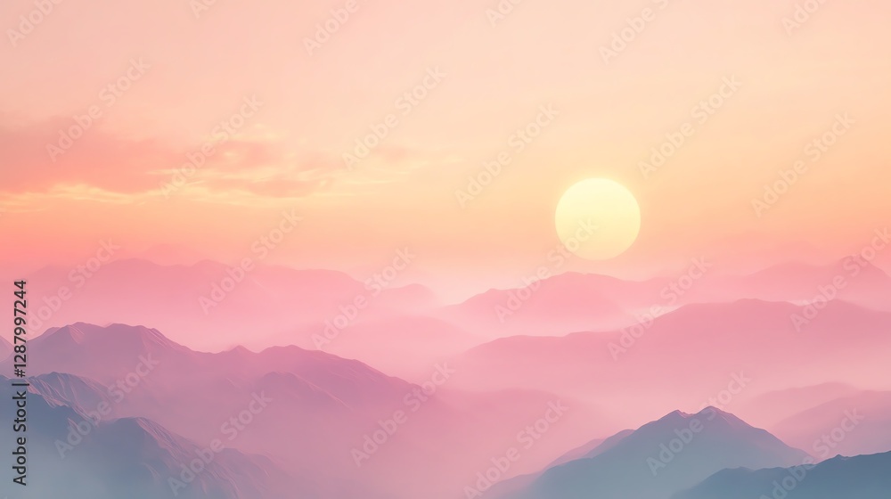 A serene landscape at sunrise, showcasing soft pastel colors over misty mountains, creating a tranquil and dreamy atmosphere. A serene landscape at sunrise, showcasing soft pastel colors over misty mountains, creating a tranquil and dreamy atmosphere.