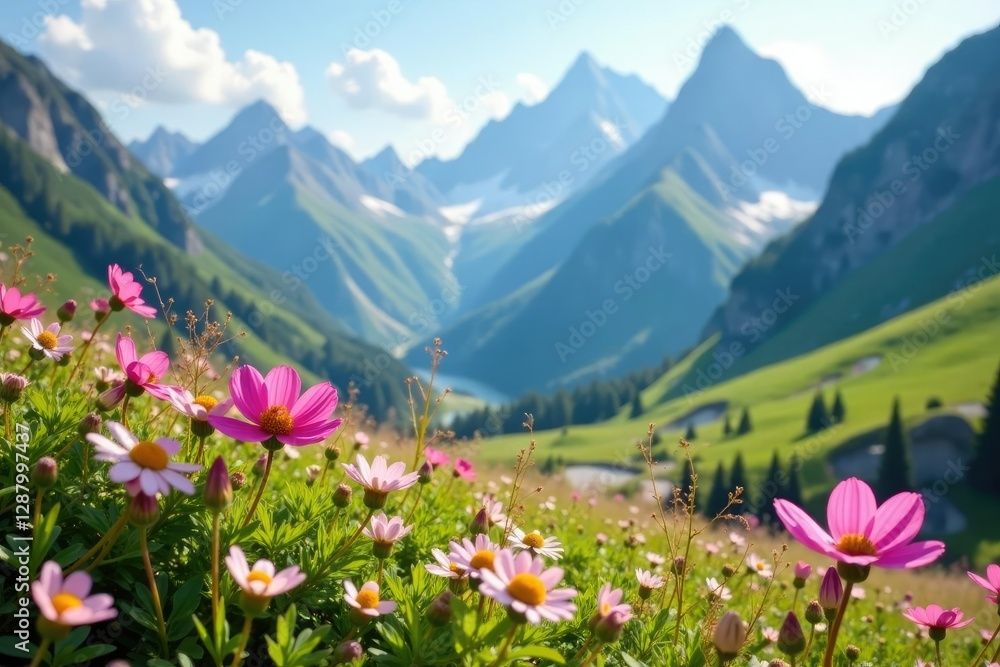 Fototapeta premium Soft petals of wildflowers swaying gently amidst towering mountain peaks, nature, wildflowers