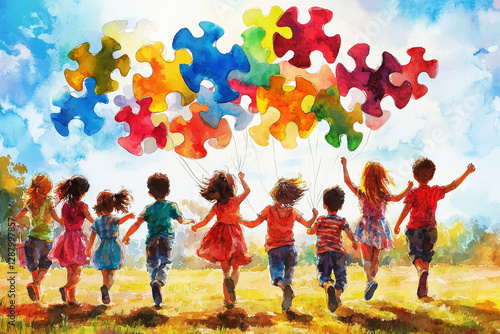 illustration of children kids with puzzle balloons. autism awareness concept.
