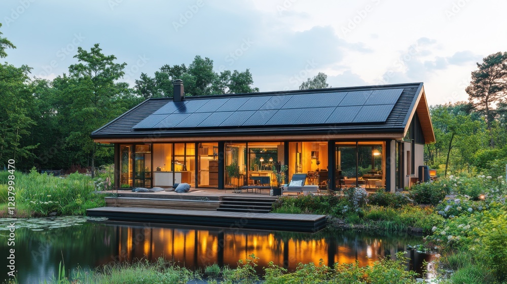 Smart home uses solar cells, solar roof creates clean energy. Modern Sustainable House with Solar Panels by the Water at Dusk Smart home uses solar cells, solar roof creates clean energy. Modern Sustainable House with Solar Panels by the Water at Dusk