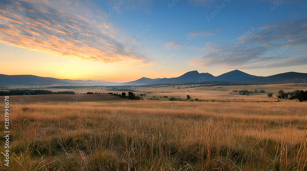 Obraz premium Golden Sunrise Over Vast Grassland and Distant Mountains