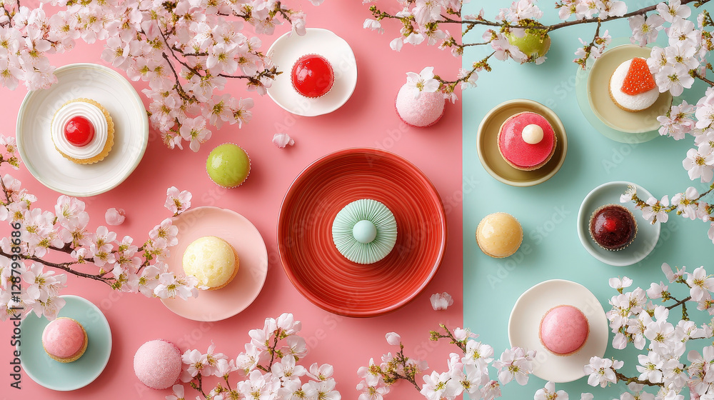 Fototapeta premium Brightly colored Japanese desserts arranged on pastel plates with cherry blossoms