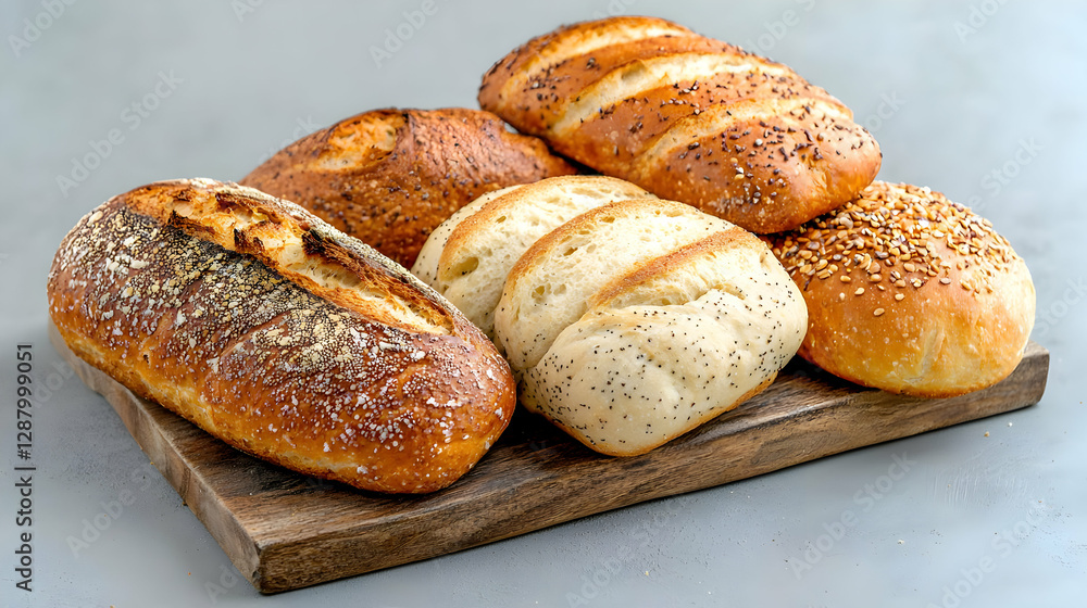 Artisan bread loaves on wooden board, bakery product Artisan bread loaves on wooden board, bakery product