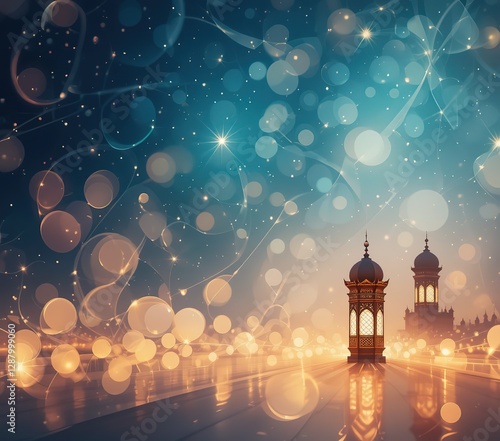 Ramadan Kareem greeting photo with serene mosque background