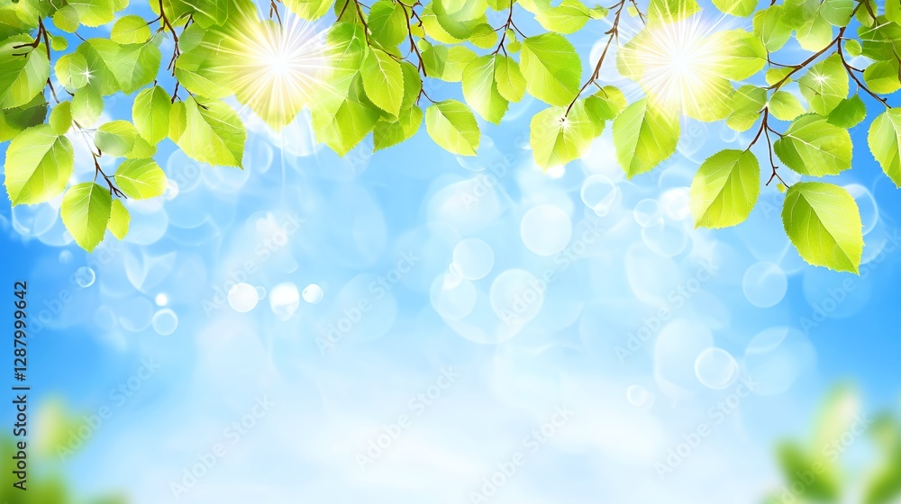 Fototapeta premium Bright Sunlight Through Lush Green Leaves Against a Blue Sky