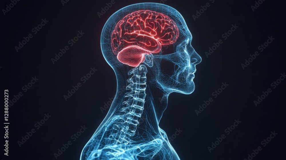 Human Brain Anatomy 3D Model of Head Neck and Spinal Cord with Illuminated Cerebrum Human Brain Anatomy 3D Model of Head Neck and Spinal Cord with Illuminated Cerebrum