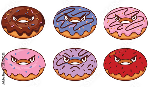 cute cartoon sweet chocolate pink blue blue brown food kawaii food angry icon donut glazed sprinkles drawing delicious tasty hungry funny character emoji face art symbol vector           